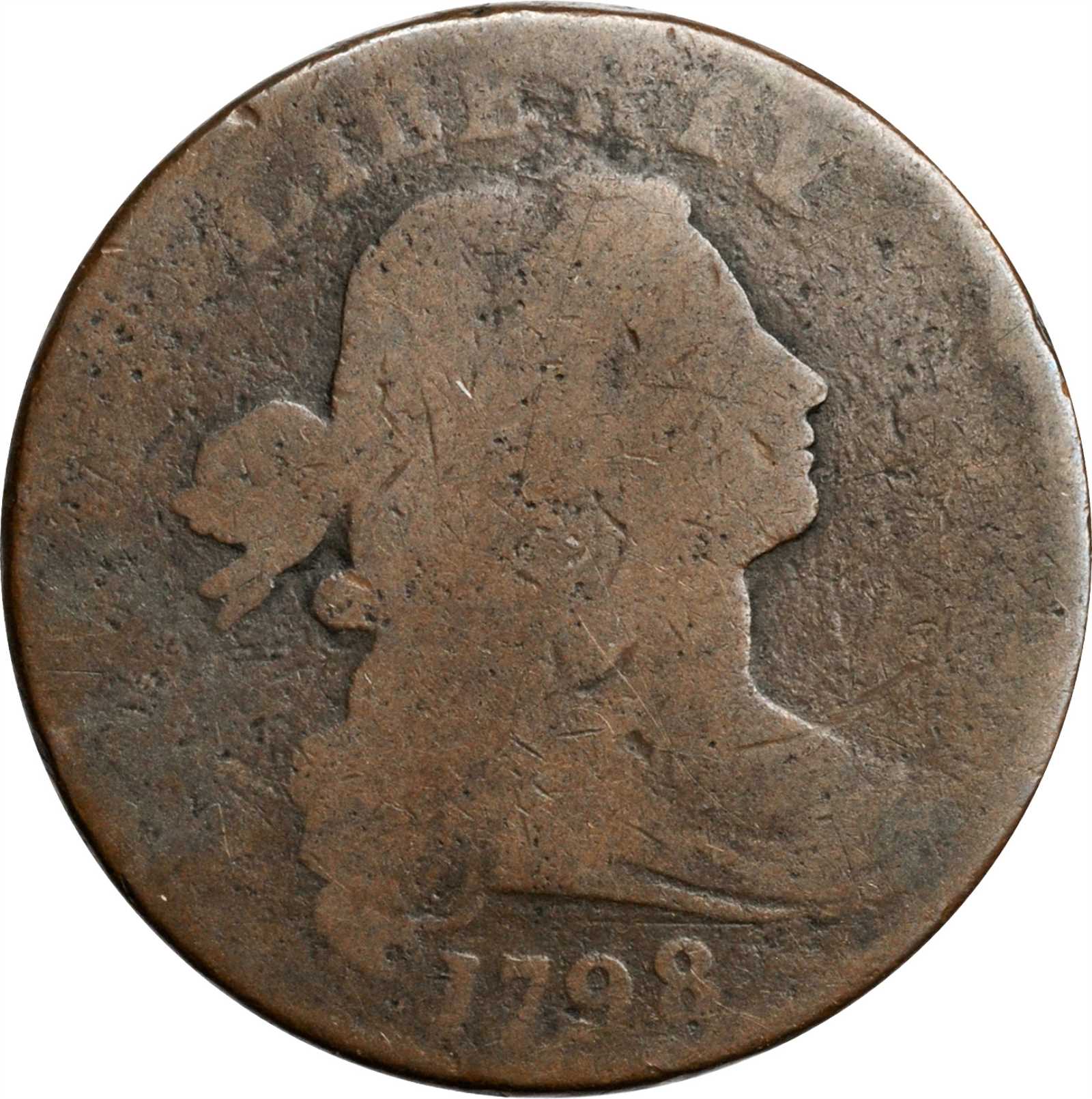 image for: 1798 Draped Bust Cent. S-163. Rarity-4. Style I Hair. Good-4, Scratch.