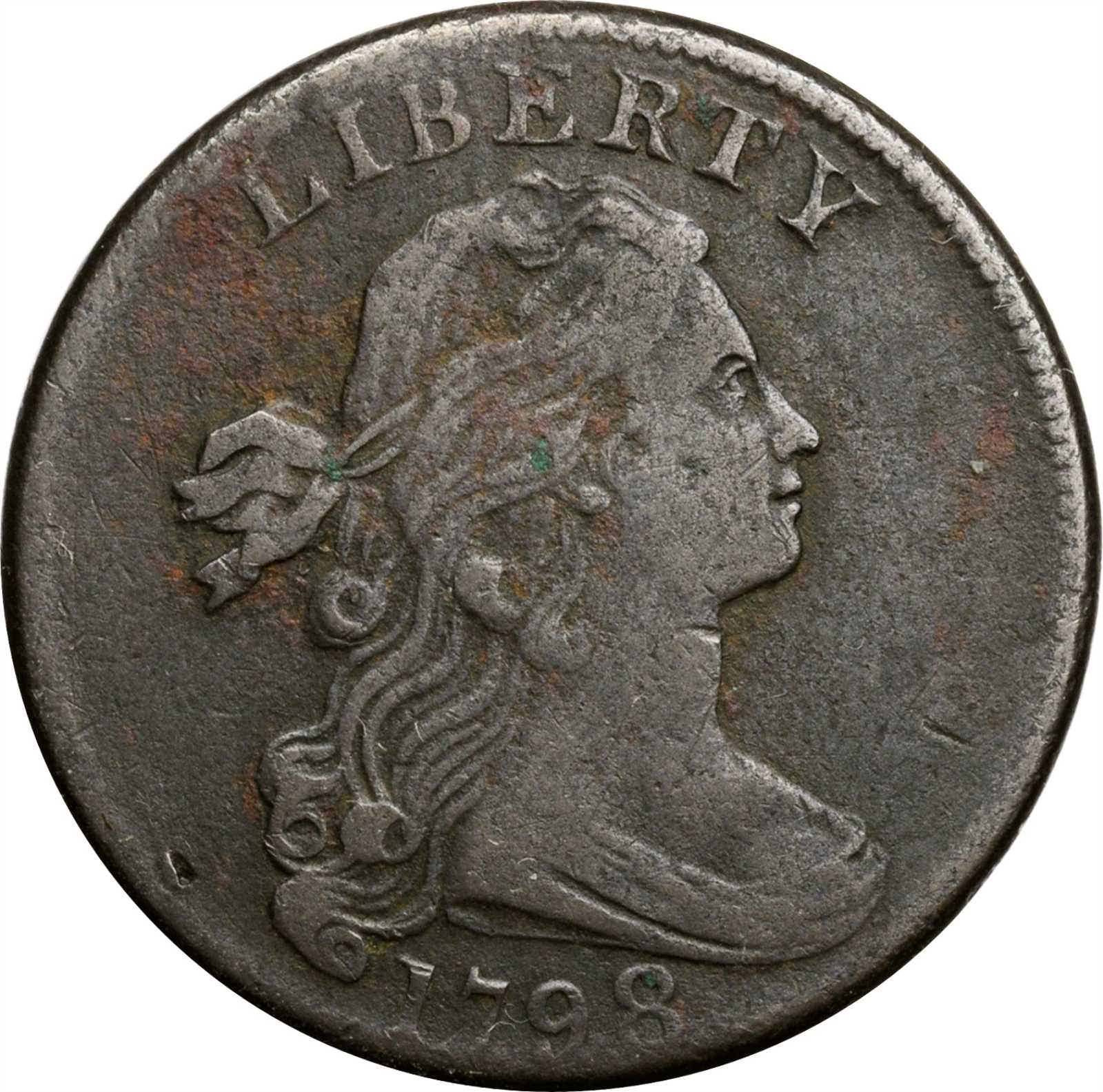 image for: 1798 Draped Bust Cent. S-167. Rarity-1. Style II Hair. VF-20, Environmental Damage.