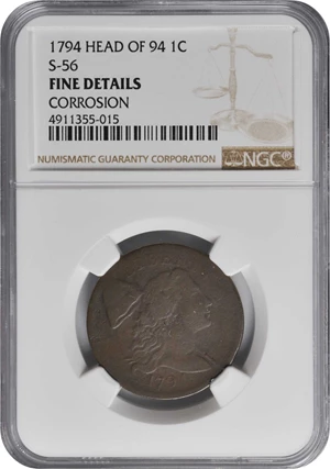 image for: 1794 Liberty Cap Cent. S-56. Rarity-3. Head of 1794. Fine Details--Corrosion (NGC).