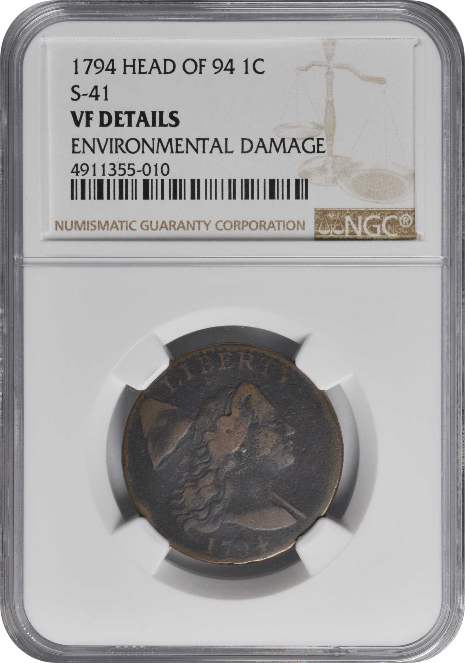 image for: 1794 Liberty Cap Cent. S-41. Rarity-3. Head of 1794. VF Details--Environmental Damage (NGC).