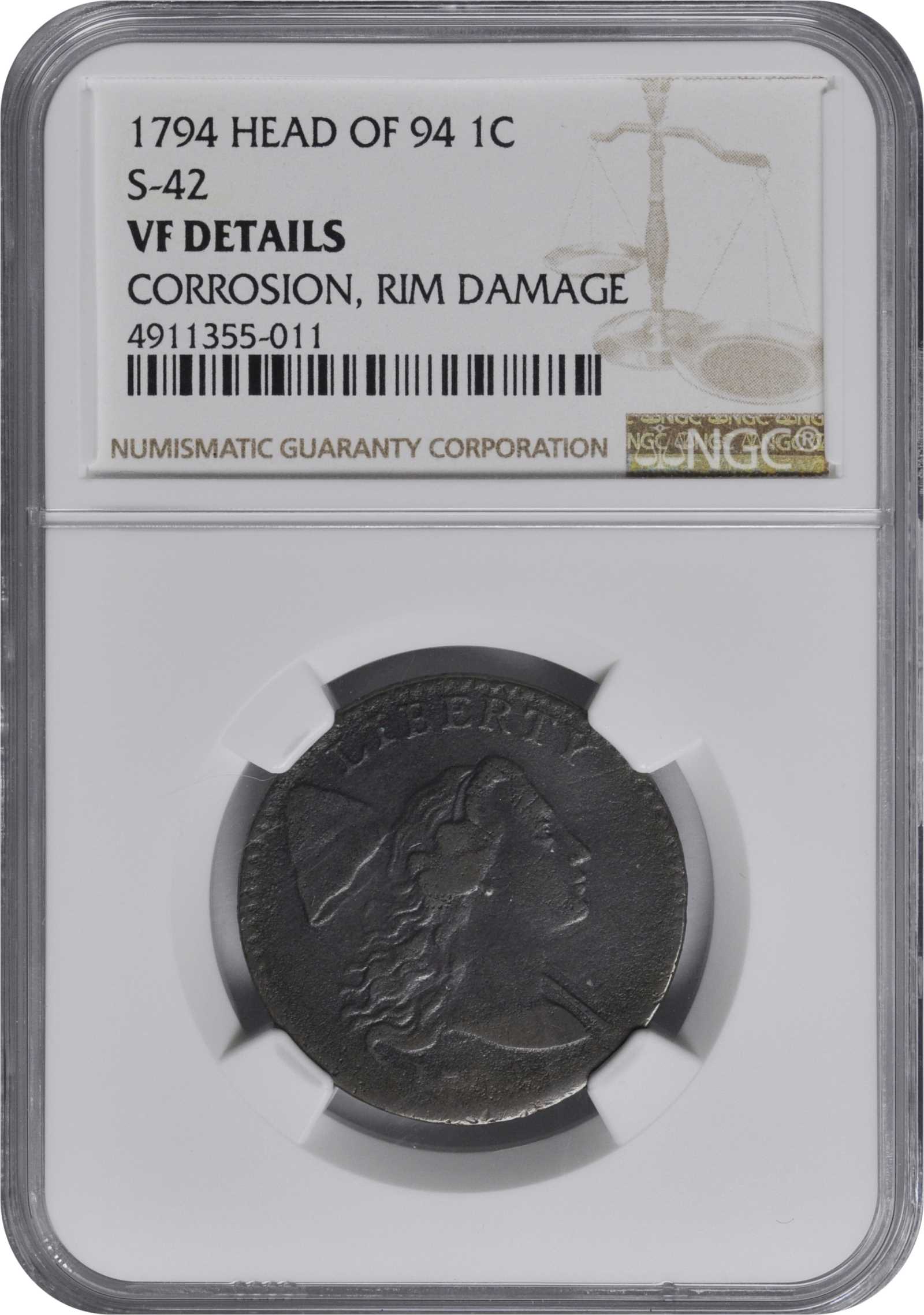 image for: 1794 Liberty Cap Cent. S-42. Rarity-4. Head of 1794. VF Details--Corrosion, Rim Damage (NGC).