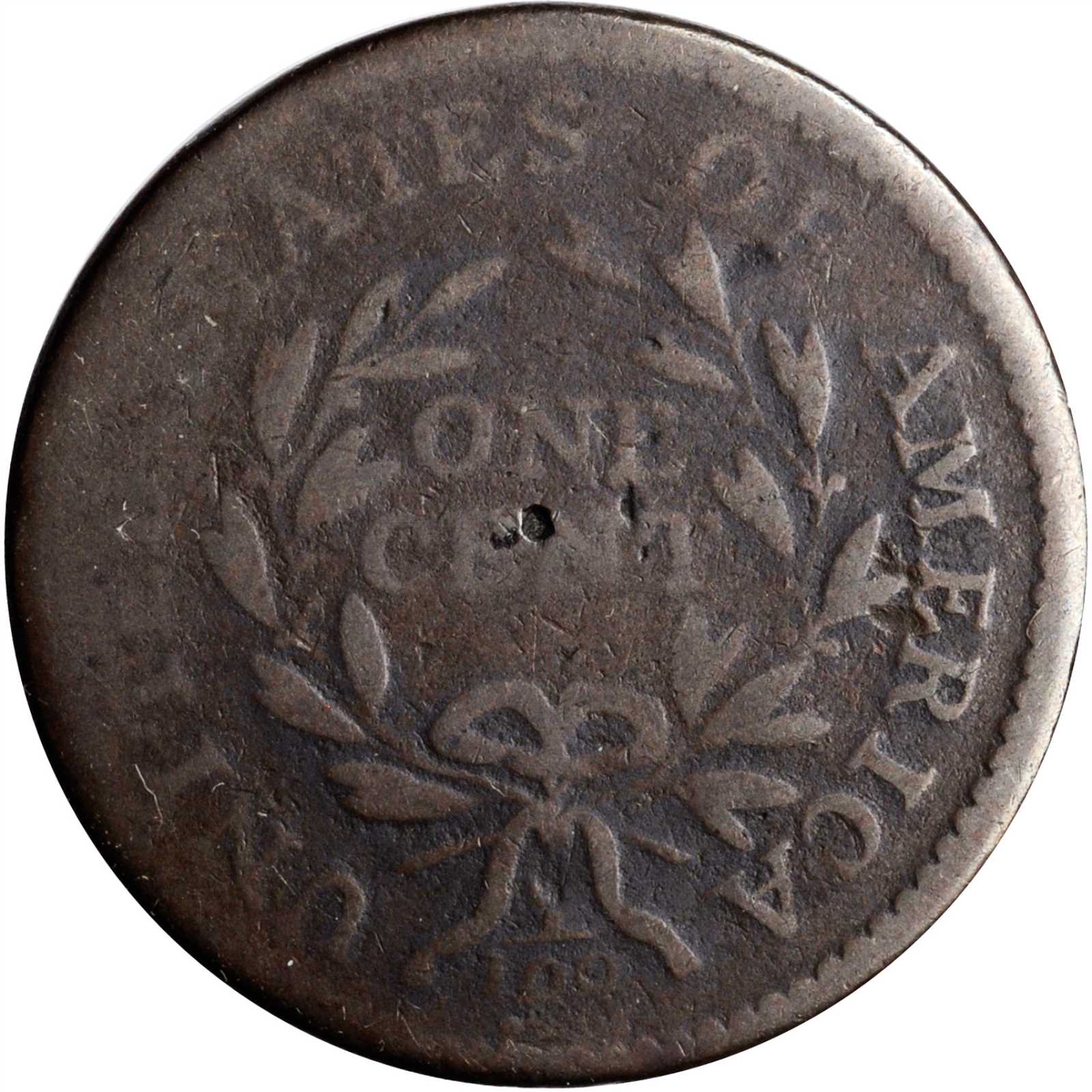 image for: 1796 Draped Bust Cent. S-101. Rarity-5-. Reverse of 1794. Good-6, Damaged.
