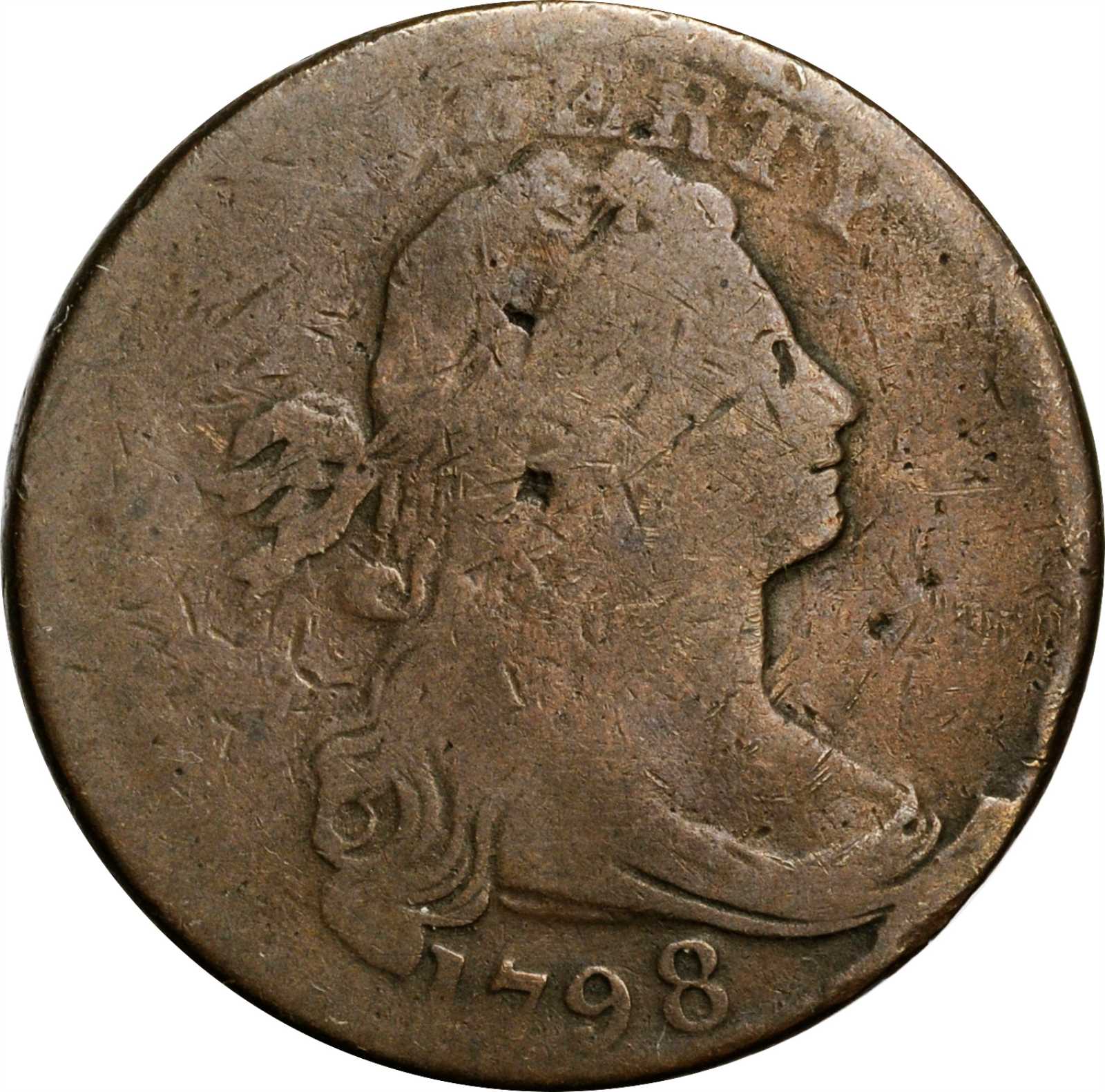 image for: 1798 Draped Bust Cent. S-153. Rarity-3. Style I Hair. Good-4, Damaged.