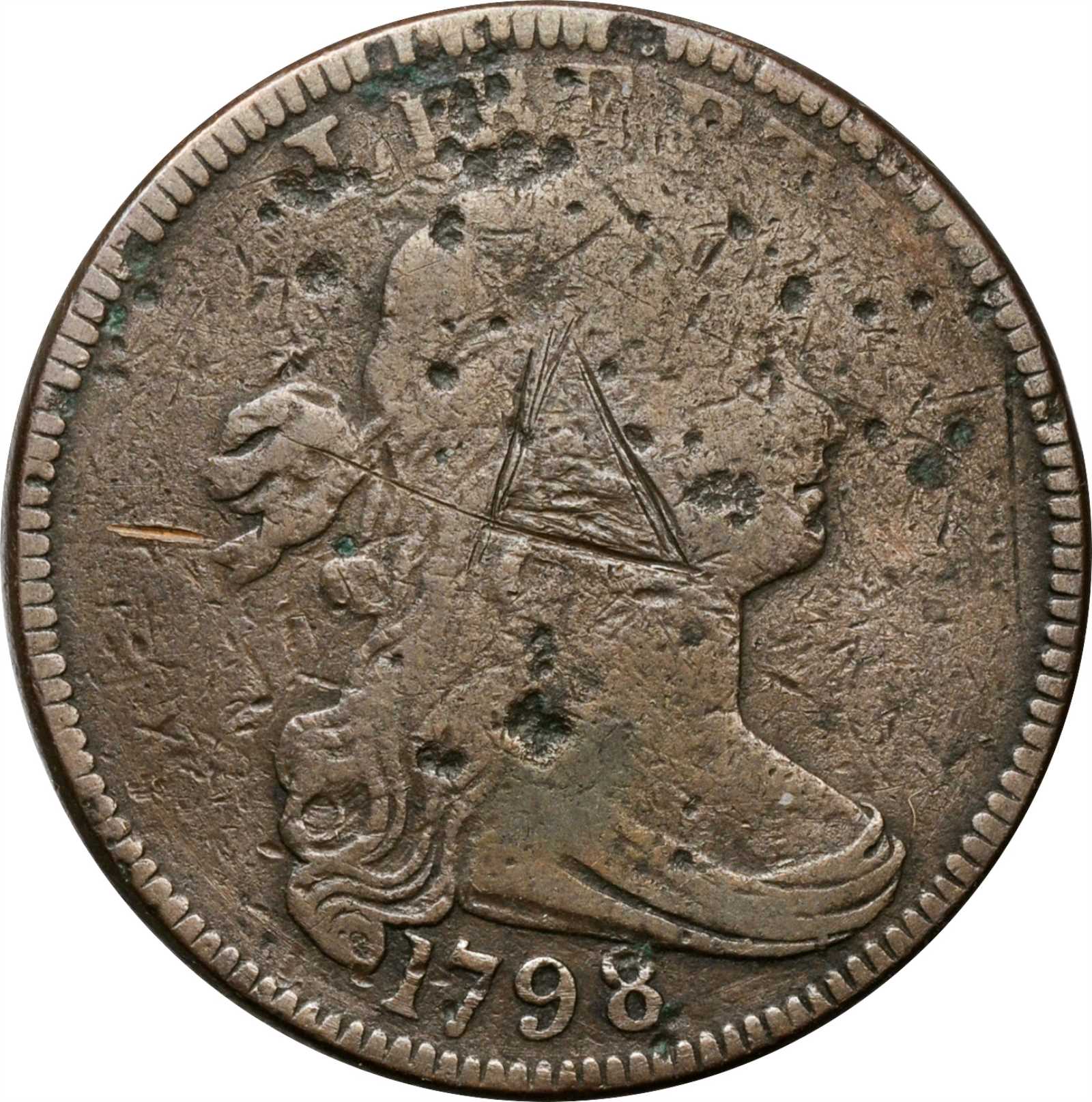 image for: 1798 Draped Bust Cent. S-156. Rarity-5+. Reverse of 1795. VG-8, Pitted, Damaged.