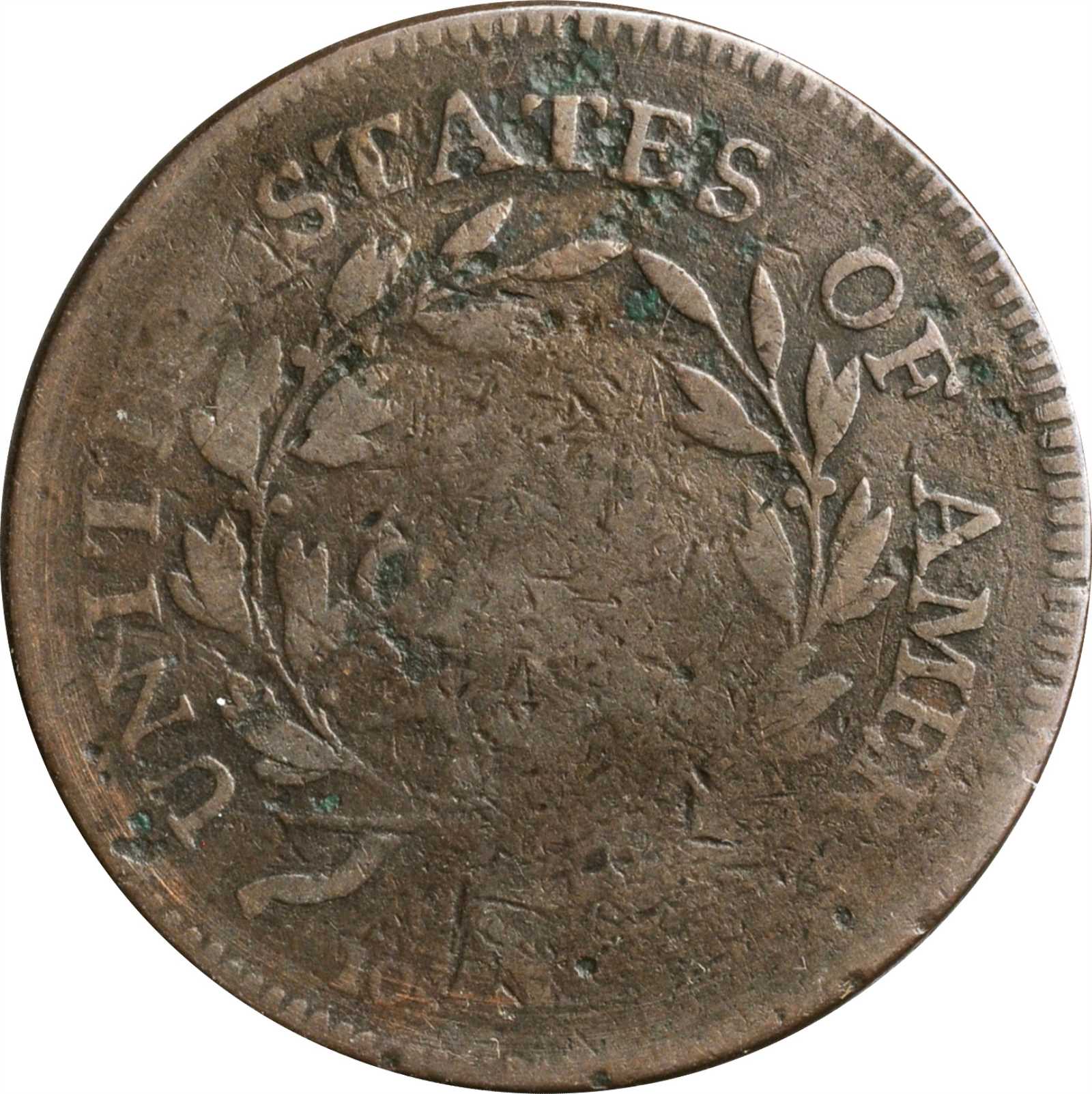 image for: 1798 Draped Bust Cent. S-156. Rarity-5+. Reverse of 1795. VG-8, Pitted, Damaged.