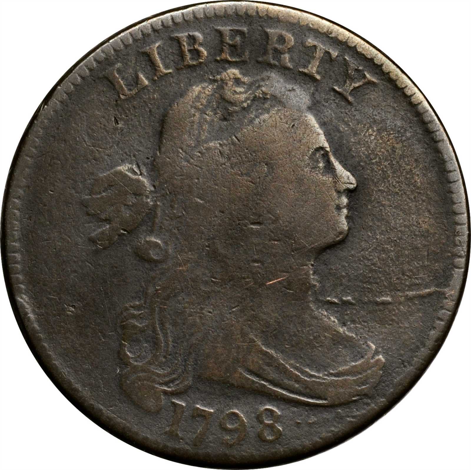 image for: 1798 Draped Bust Cent. S-157. Rarity-2. Style I Hair. VG-8, Porous.