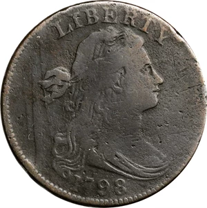 image for: 1798 Draped Bust Cent. S-159. Rarity-4. Style I Hair. Fine-12, Porous, Recolored.