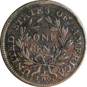 image for: 1798 Draped Bust Cent. S-159. Rarity-4. Style I Hair. Fine-12, Porous, Recolored.