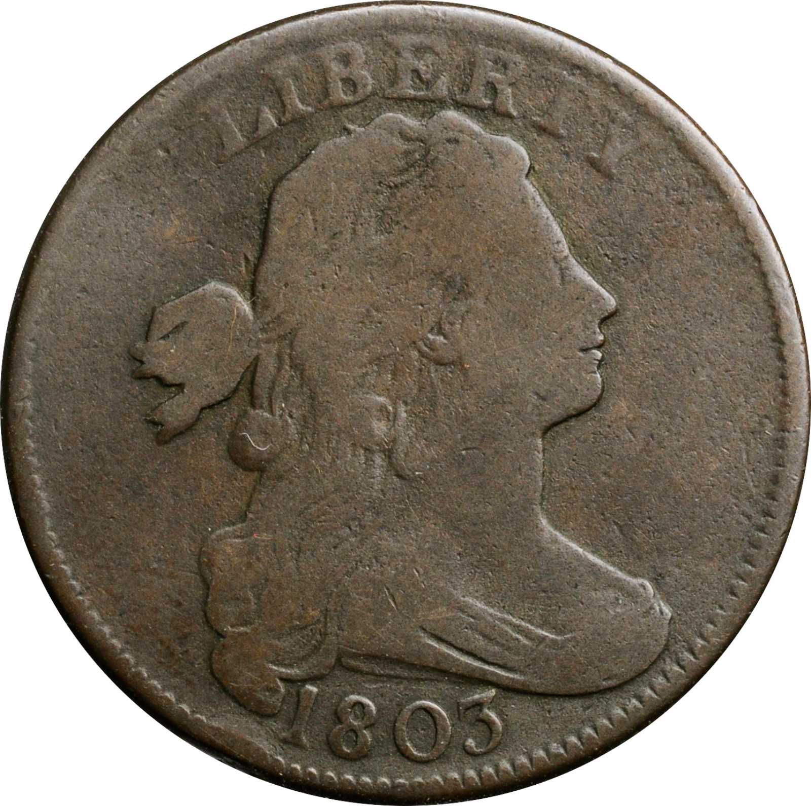 image for: 1803 Draped Bust Cent. S-252. Rarity-2. Small Date, Small Fraction. VG-10, Porous.
