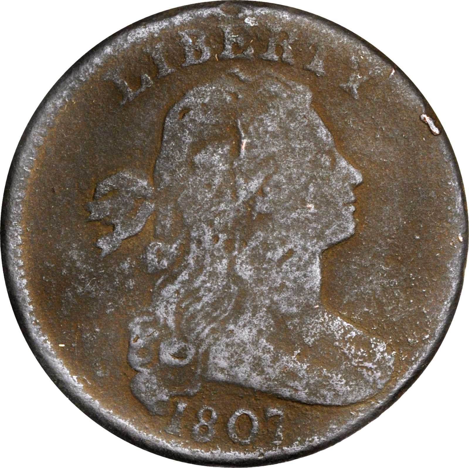 image for: 1807 Draped Bust Cent. S-274. Rarity-2. Small Fraction. Fine-12, Environmental Damage.