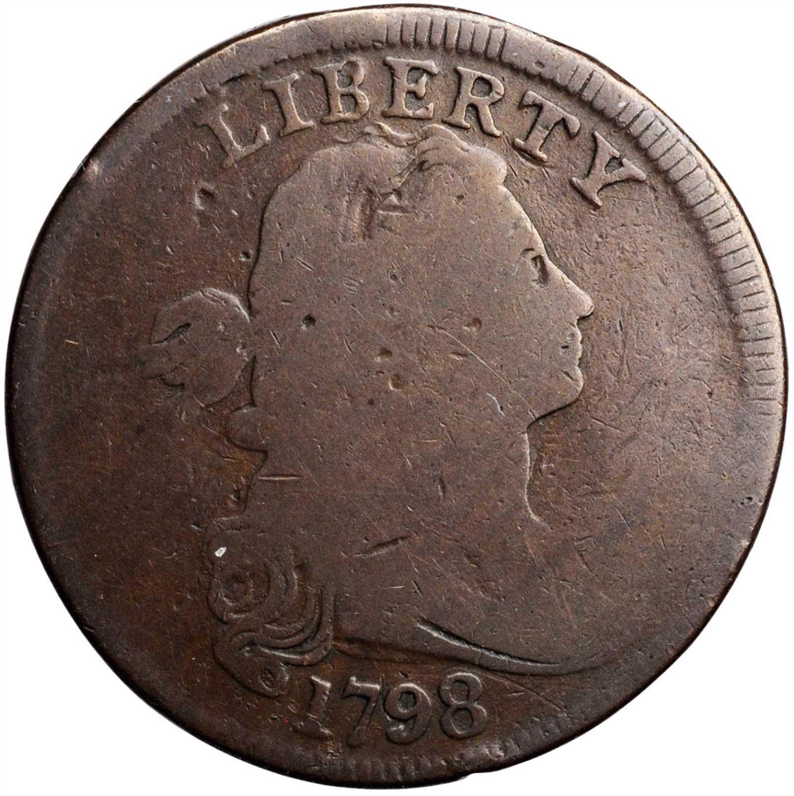 image for: 1798 Draped Bust Cent. S-145. Rarity-3. Style I Hair. Good-6.