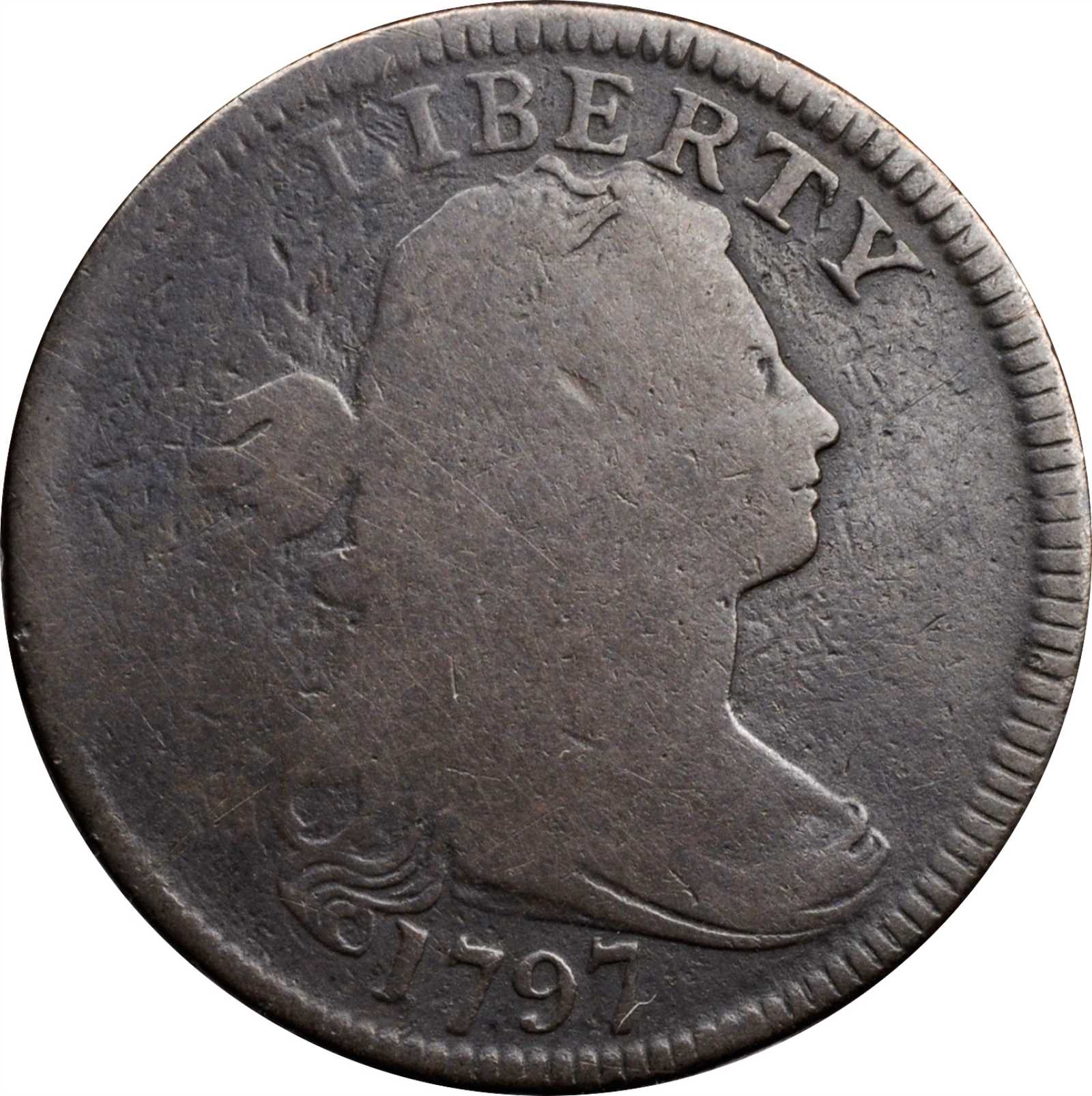 image for: 1797 Draped Bust Cent. S-139. Rarity-1. Reverse of 1797, Stems to Wreath. Good-6.