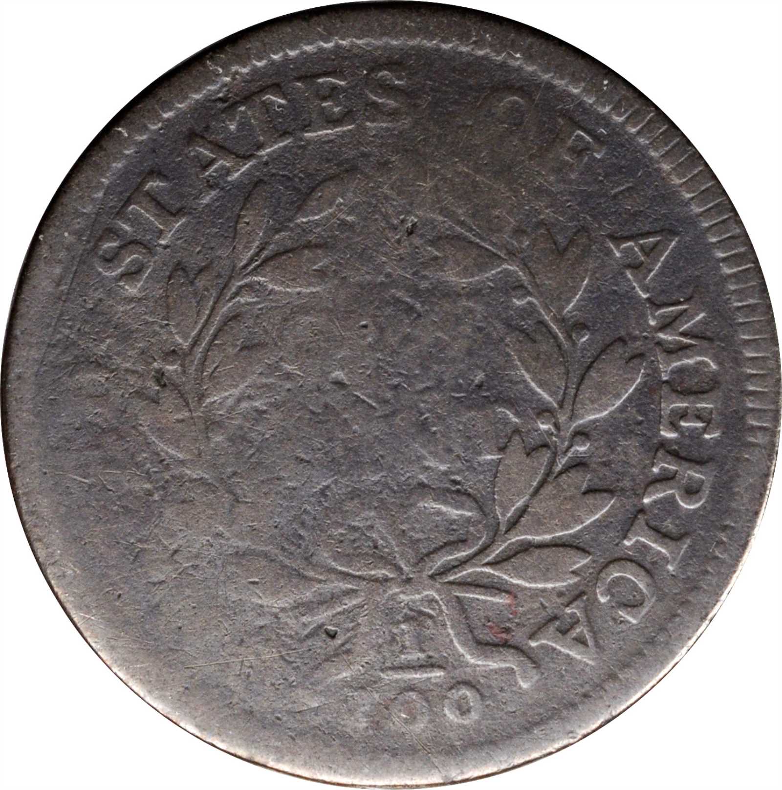 image for: 1797 Draped Bust Cent. S-139. Rarity-1. Reverse of 1797, Stems to Wreath. Good-6.