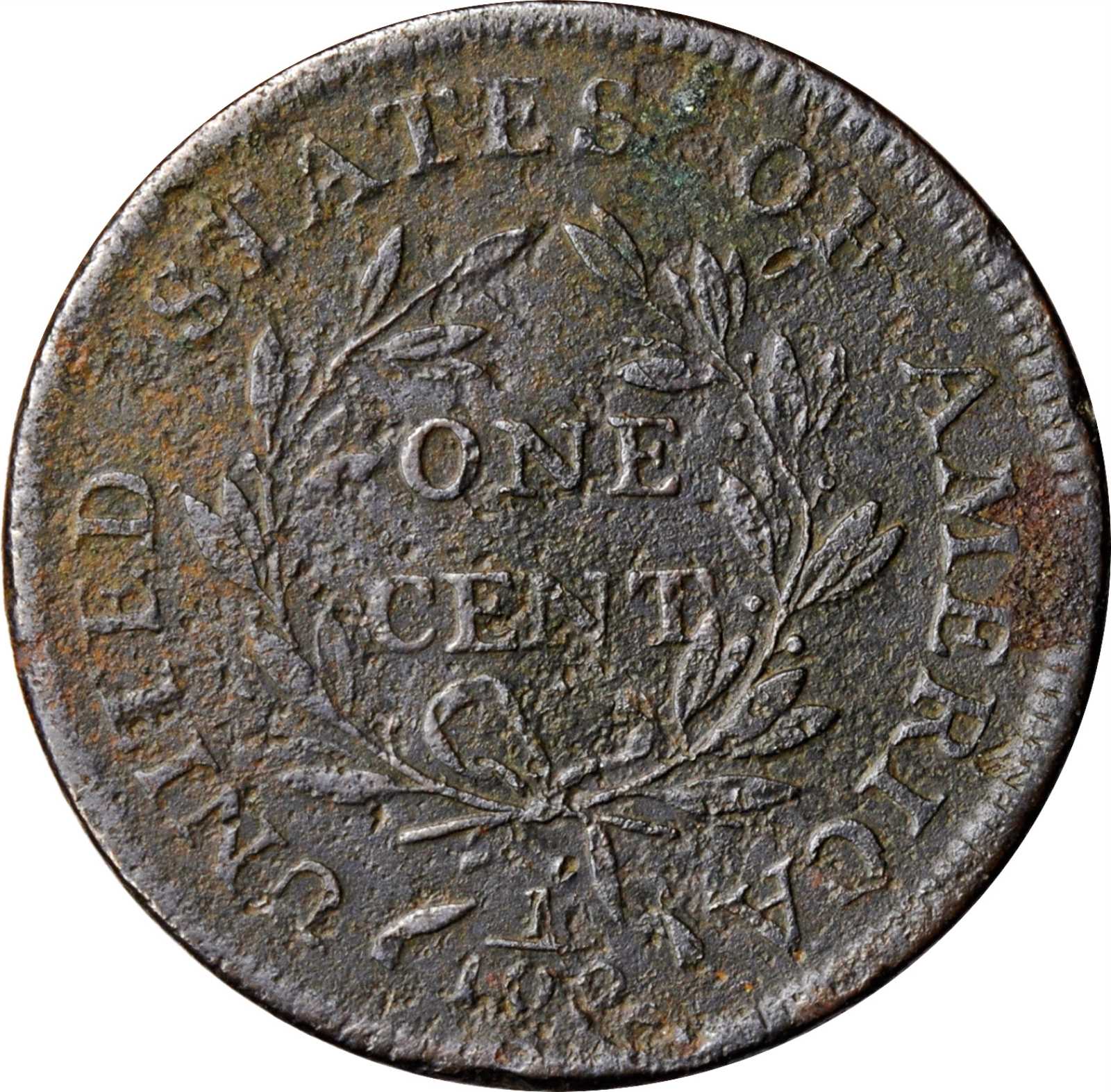 image for: 1797 Draped Bust Cent. S-130. Rarity-2. Reverse of 1797, Stems to Wreath. VF-20, Corrosion, Scratches.