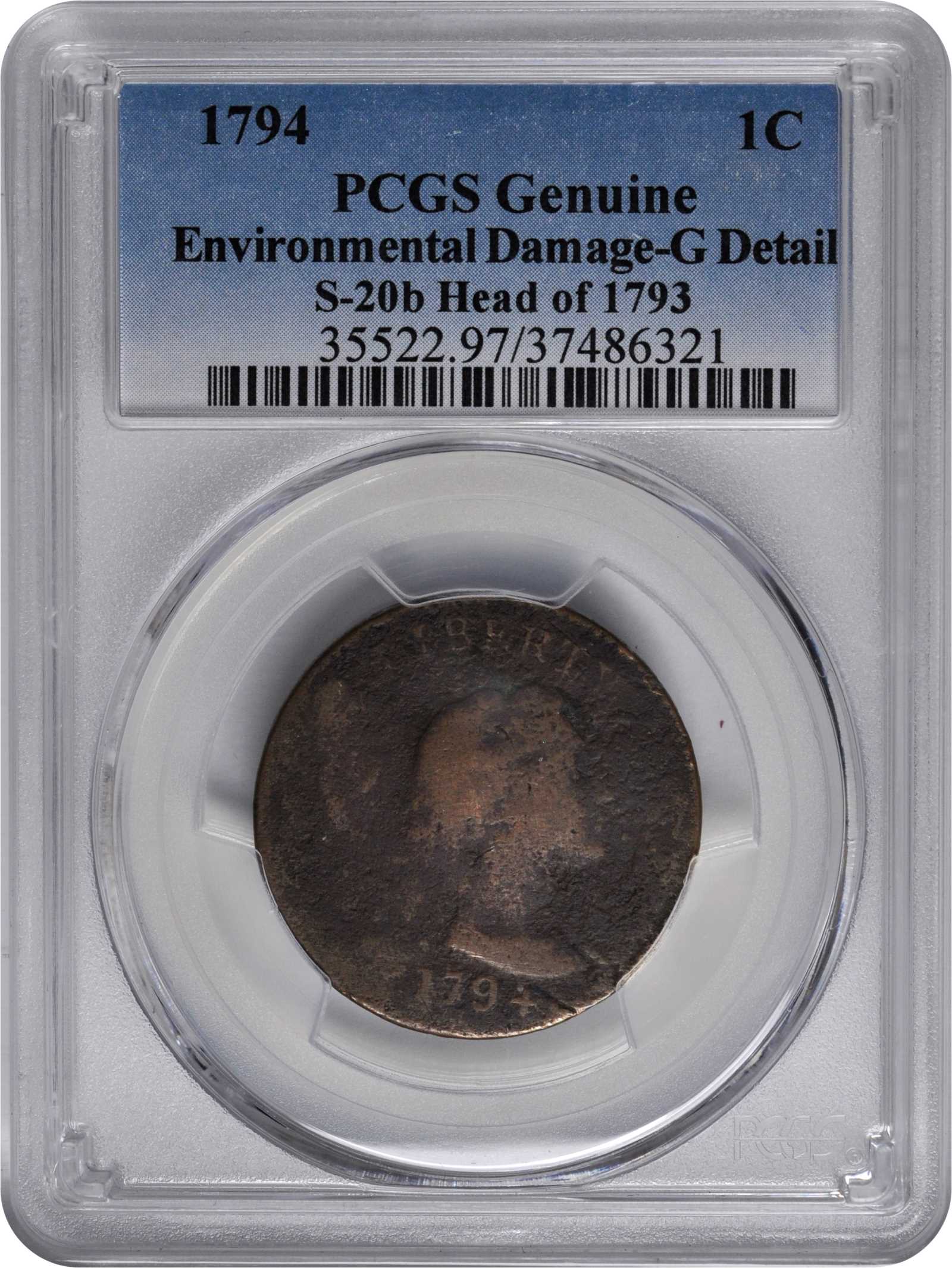 image for: 1794 Liberty Cap Cent. S-20B. Rarity-4+. Head of 1793. Good Details--Environmental Damage (PCGS).