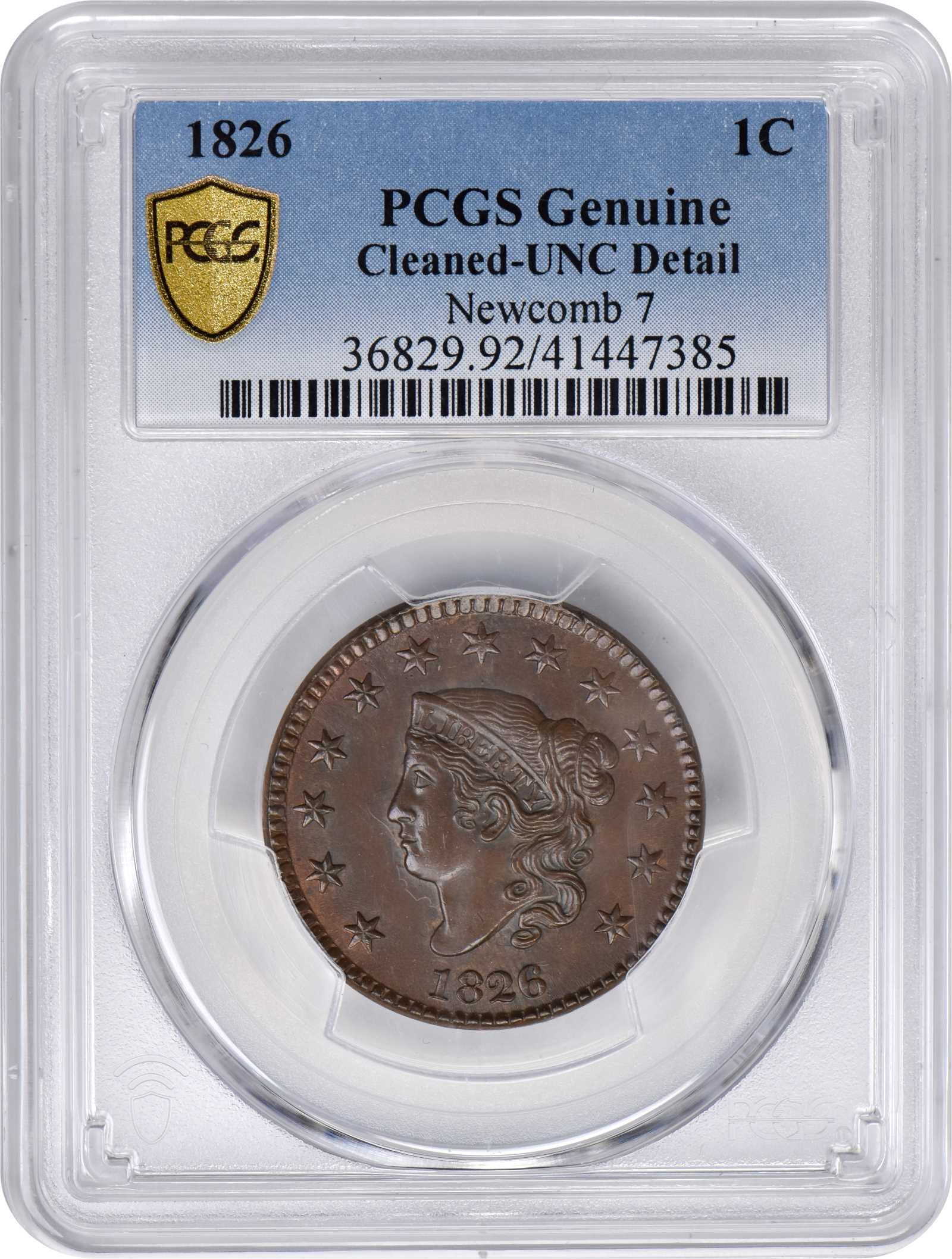 image for: 1826 Matron Head Cent. N-7. Rarity-1. Unc Details--Cleaned (PCGS).