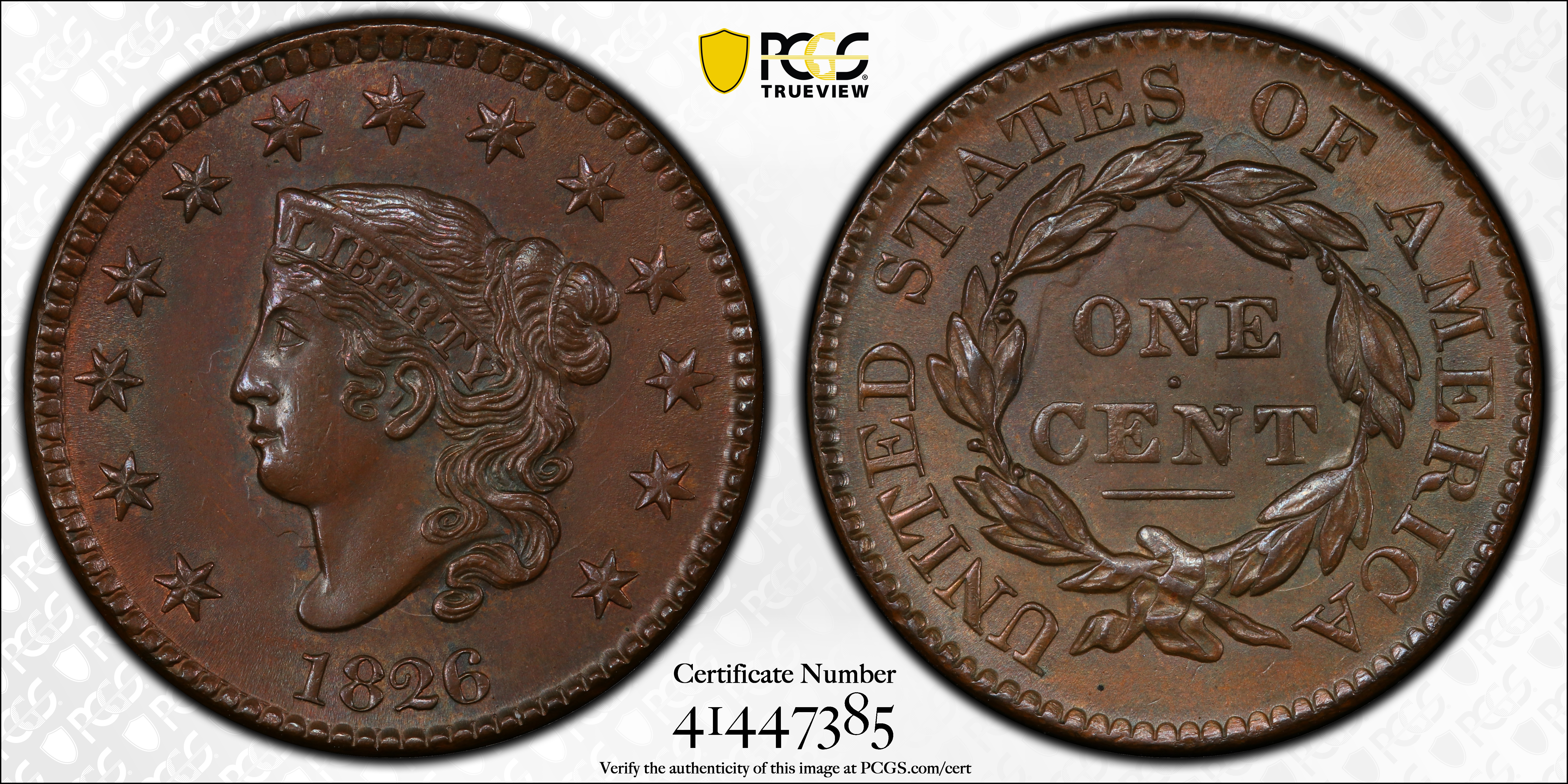image for: 1826 Matron Head Cent. N-7. Rarity-1. Unc Details--Cleaned (PCGS).