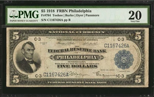 image for: Fr. 784. 1918 $5 Federal Reserve Bank Note. Philadelphia. PMG Very Fine 20.