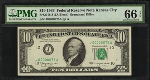 image for: Fr. 2016-J. 1963 $10 Federal Reserve Note. Kansas City. PMG Gem Uncirculated 66 EPQ. Low Serial Number.