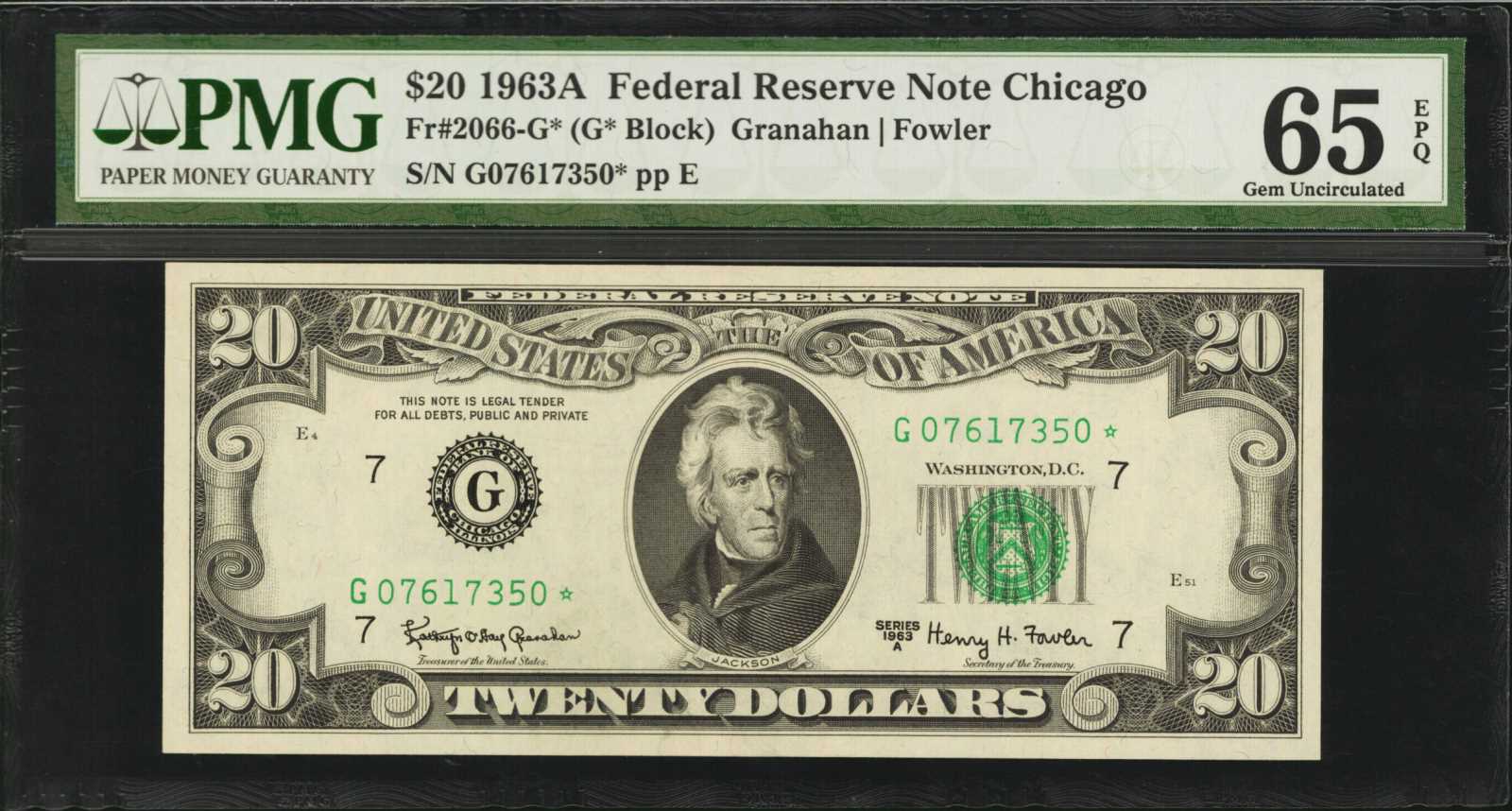 image for: Fr. 2066-G*. 1963A $20  Federal Reserve Star Note. Chicago. PMG Gem Uncirculated 65 EPQ.