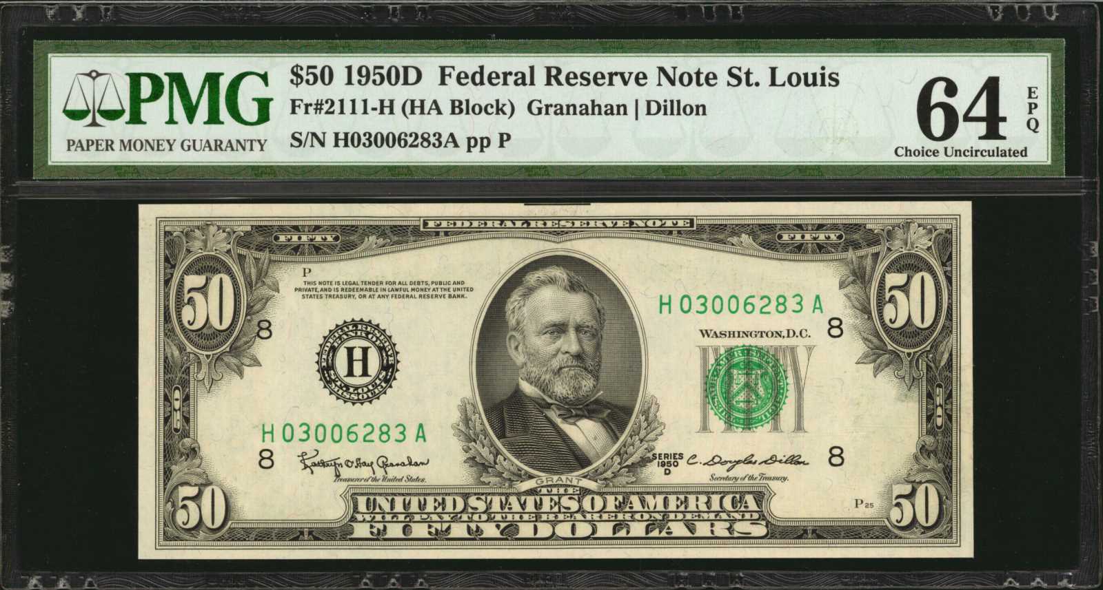 image for: Fr. 2111-H. 1950D $50  Federal Reserve Note. St. Louis. PMG Choice Uncirculated 64 EPQ.