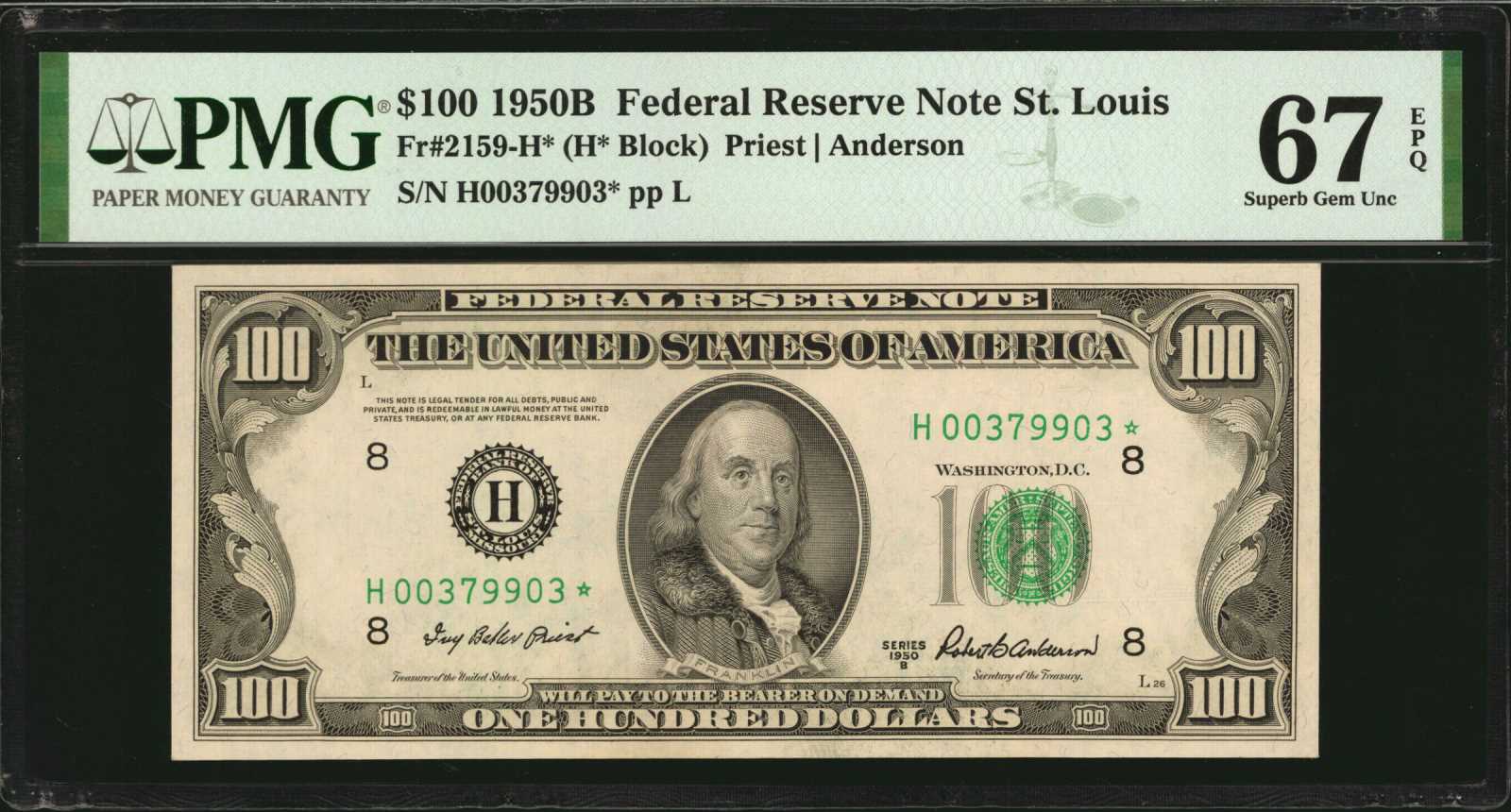 image for: Fr. 2159-H*. 1950B $100  Federal Reserve Star Note. St. Louis. PMG Superb Gem Uncirculated 67 EPQ.