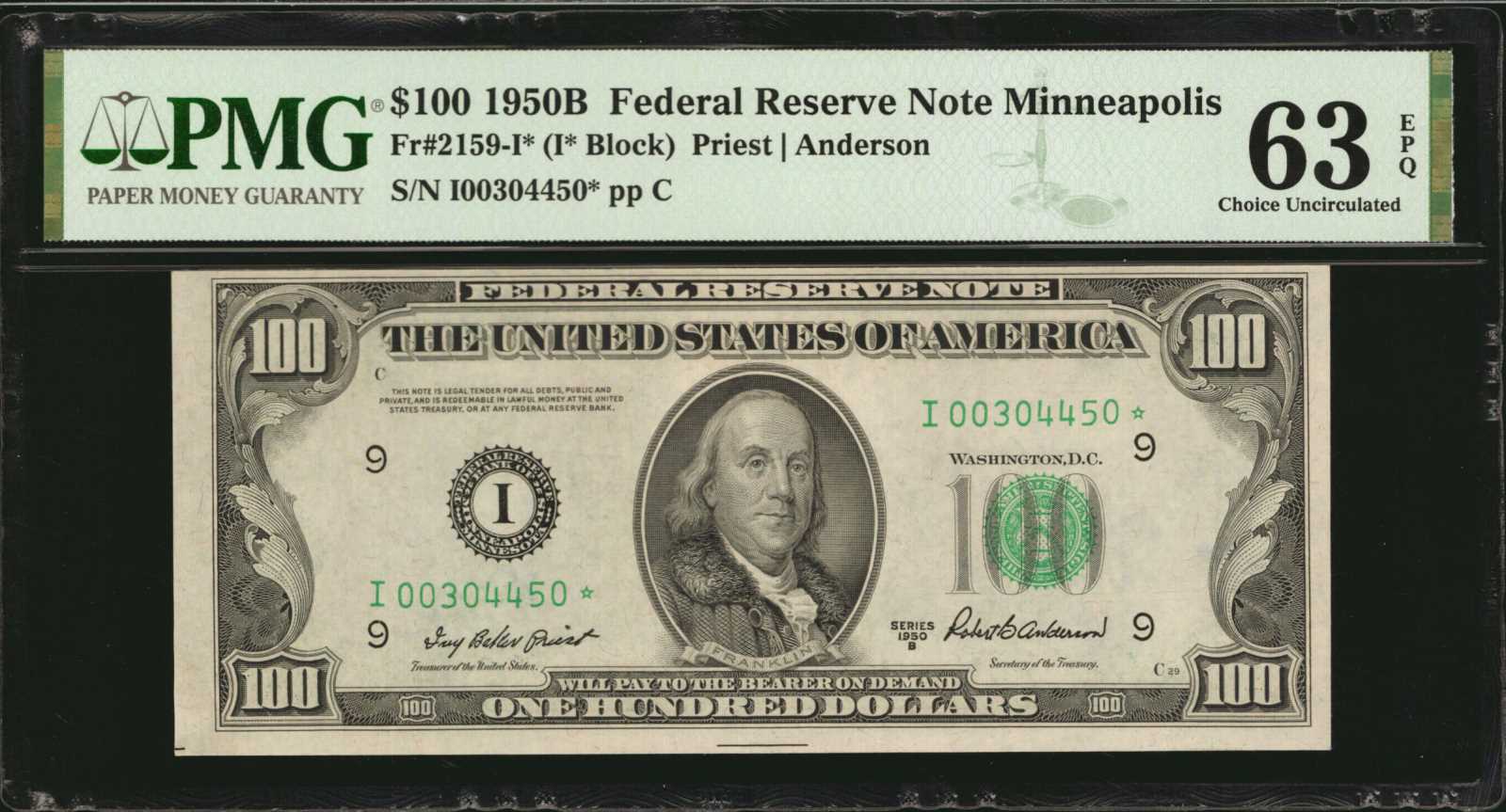 image for: Fr. 2159-I*. 1950B $100  Federal Reserve Star Note. Minneapolis. PMG Choice Uncirculated 63 EPQ.