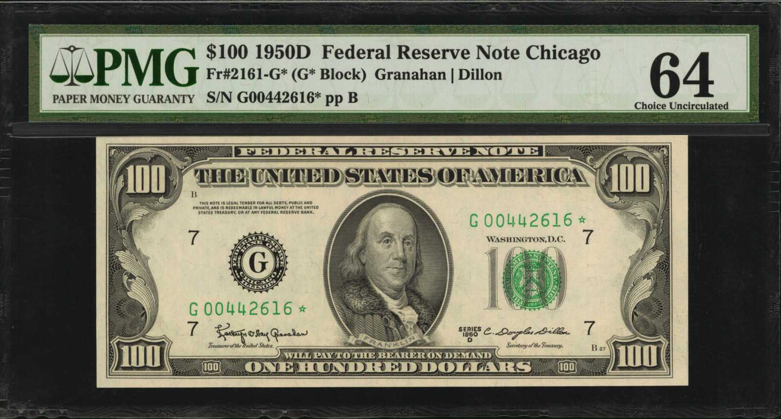 image for: Fr. 2161-G*. 1950D $100  Federal Reserve Star Note. Chicago. PMG Choice Uncirculated 64.