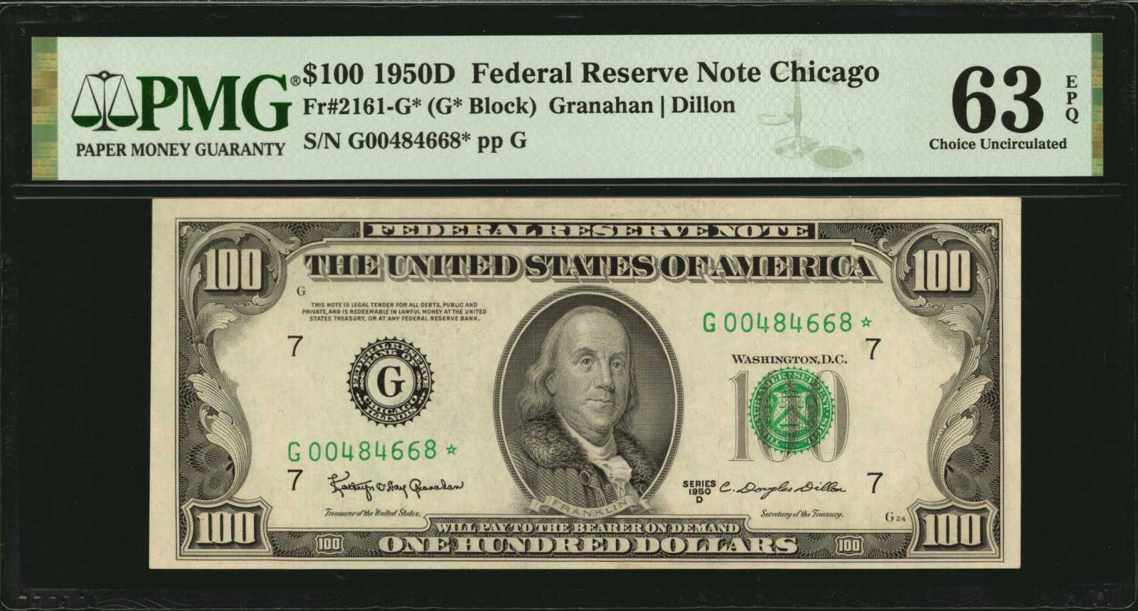 image for: Fr. 2161-G*. 1950D $100  Federal Reserve Star Note. Chicago. PMG Choice Uncirculated 63 EPQ.