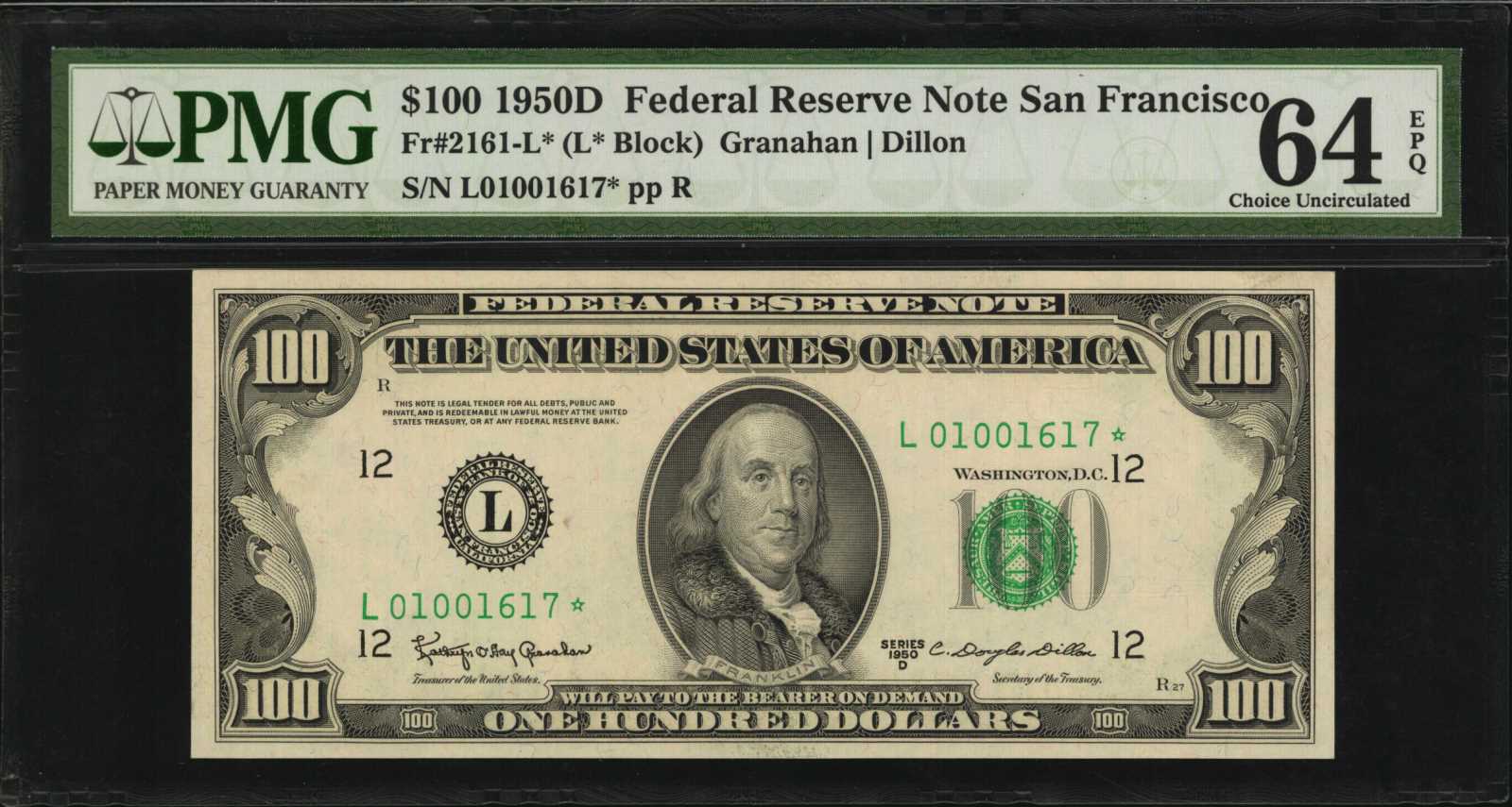 image for: Fr. 2161-L*. 1950D $100  Federal Reserve Star Note. San Francisco. PMG Choice Uncirculated 64 EPQ.