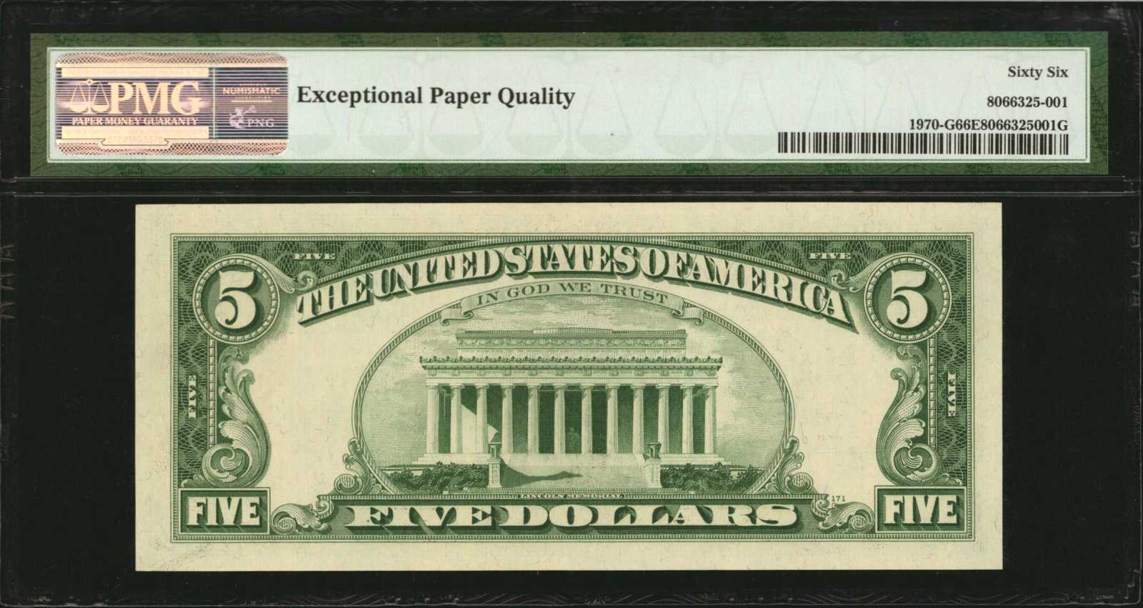 image for: Fr. 1970-G. 1969A $5  Federal Reserve Note. Chicago. PMG Gem Uncirculated 66 EPQ. Ink Smear Error.