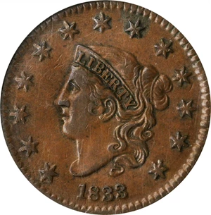image for: 1833 Matron Head Cent. N-2. AU-55 BN (NGC).