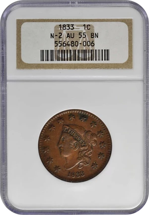 image for: 1833 Matron Head Cent. N-2. AU-55 BN (NGC).