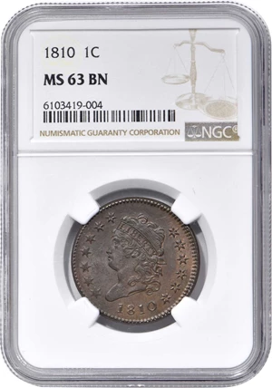 image for: 1810 Classic Head Cent. S-285. Rarity-2. MS-63 BN (NGC).