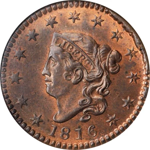 image for: 1816 Matron Head Cent. N-2. Rarity-1. MS-64 RB (NGC).