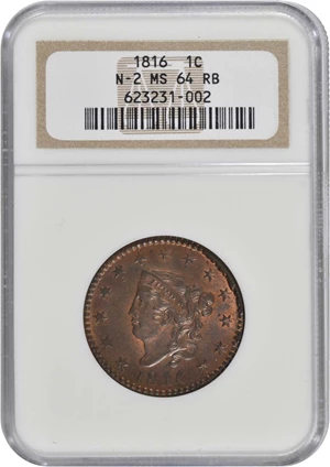 image for: 1816 Matron Head Cent. N-2. Rarity-1. MS-64 RB (NGC).