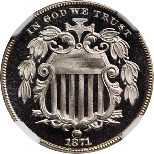 image for: 1871 Shield Nickel. Proof-68 Ultra Cameo (NGC).