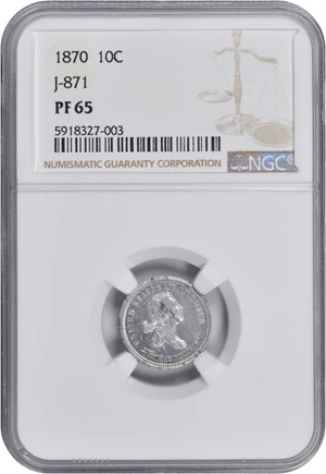 image for: 1870 Pattern Dime. Judd-871, Pollock-968. Rarity-7+. Aluminum. Reeded Edge. Proof-65 (NGC).