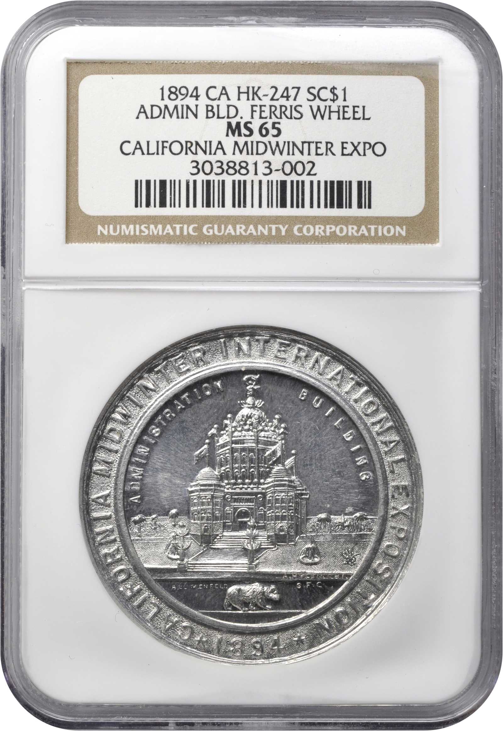 image for: 1894 California Midwinter Exposition. Administration Building - Ferris Wheel Dollar. HK-247. Rarity-5. Aluminum. MS-65 (NGC).