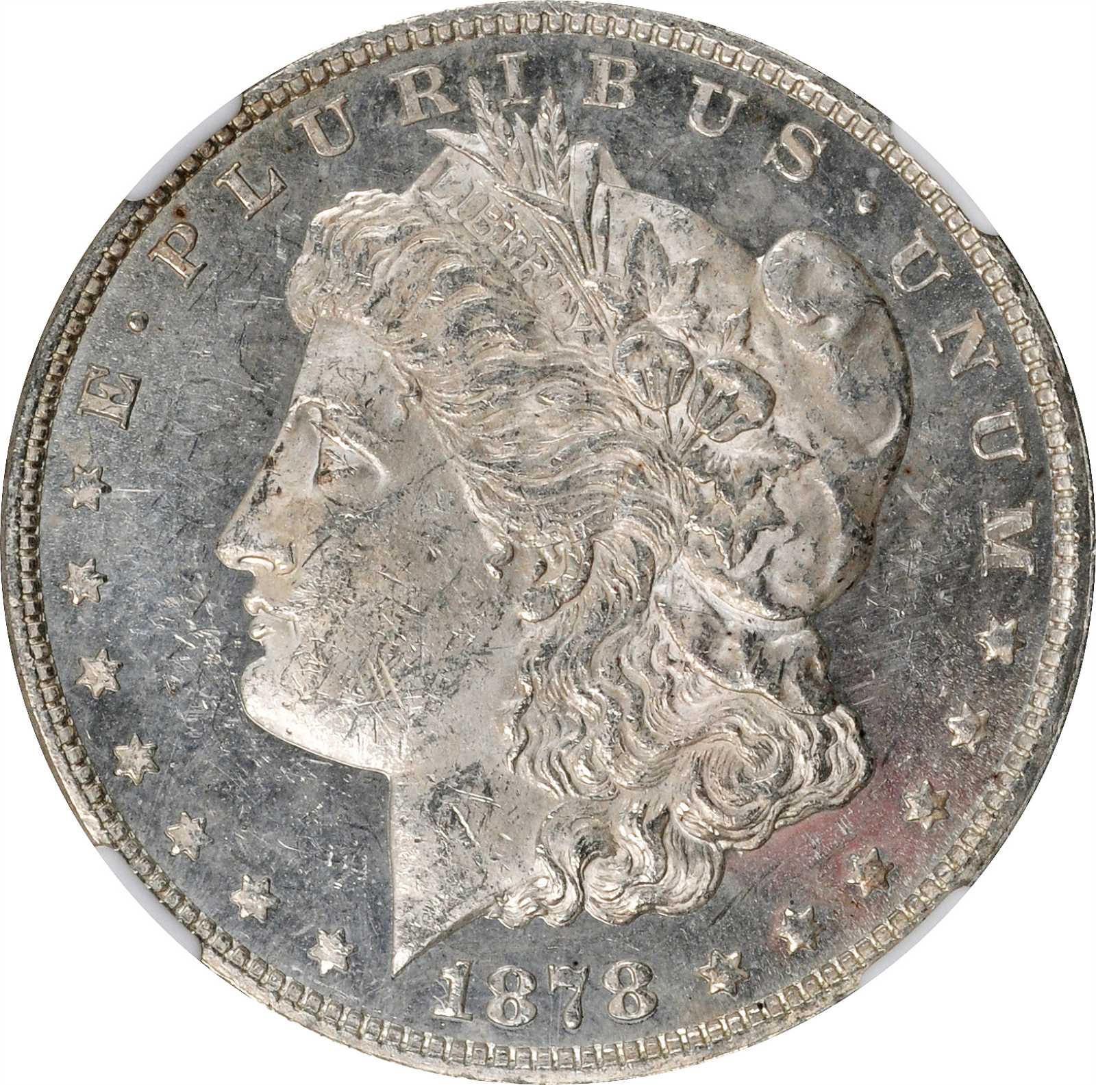 1878 Morgan Silver Dollar. 7/8 Tailfeathers. Strong. MS-62 DPL (NGC).
