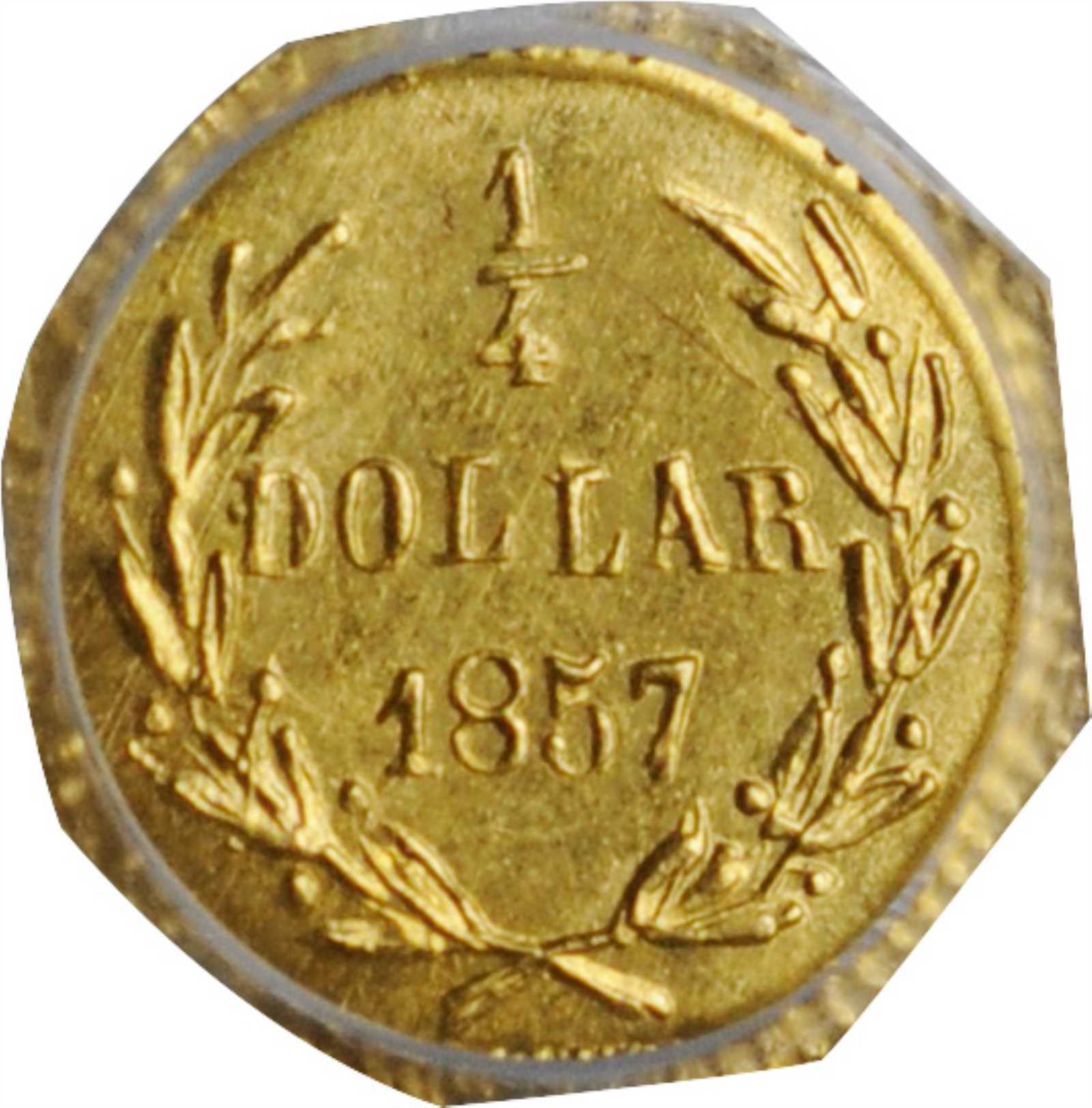 image for: 1857 Octagonal 25 Cents. Restrike. BG-1301A. Rarity-1. Liberty Head. MS-66+ (PCGS).