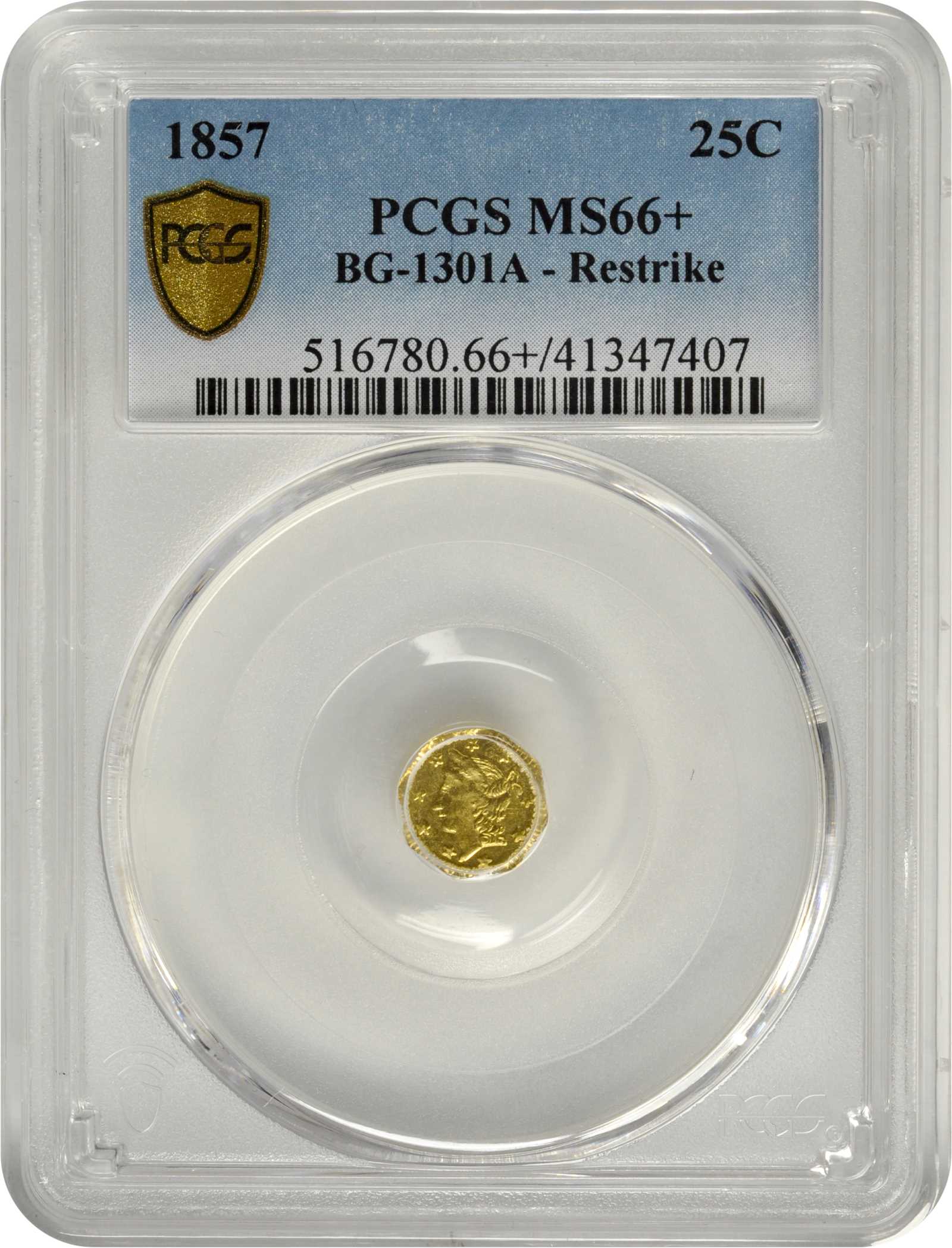 image for: 1857 Octagonal 25 Cents. Restrike. BG-1301A. Rarity-1. Liberty Head. MS-66+ (PCGS).