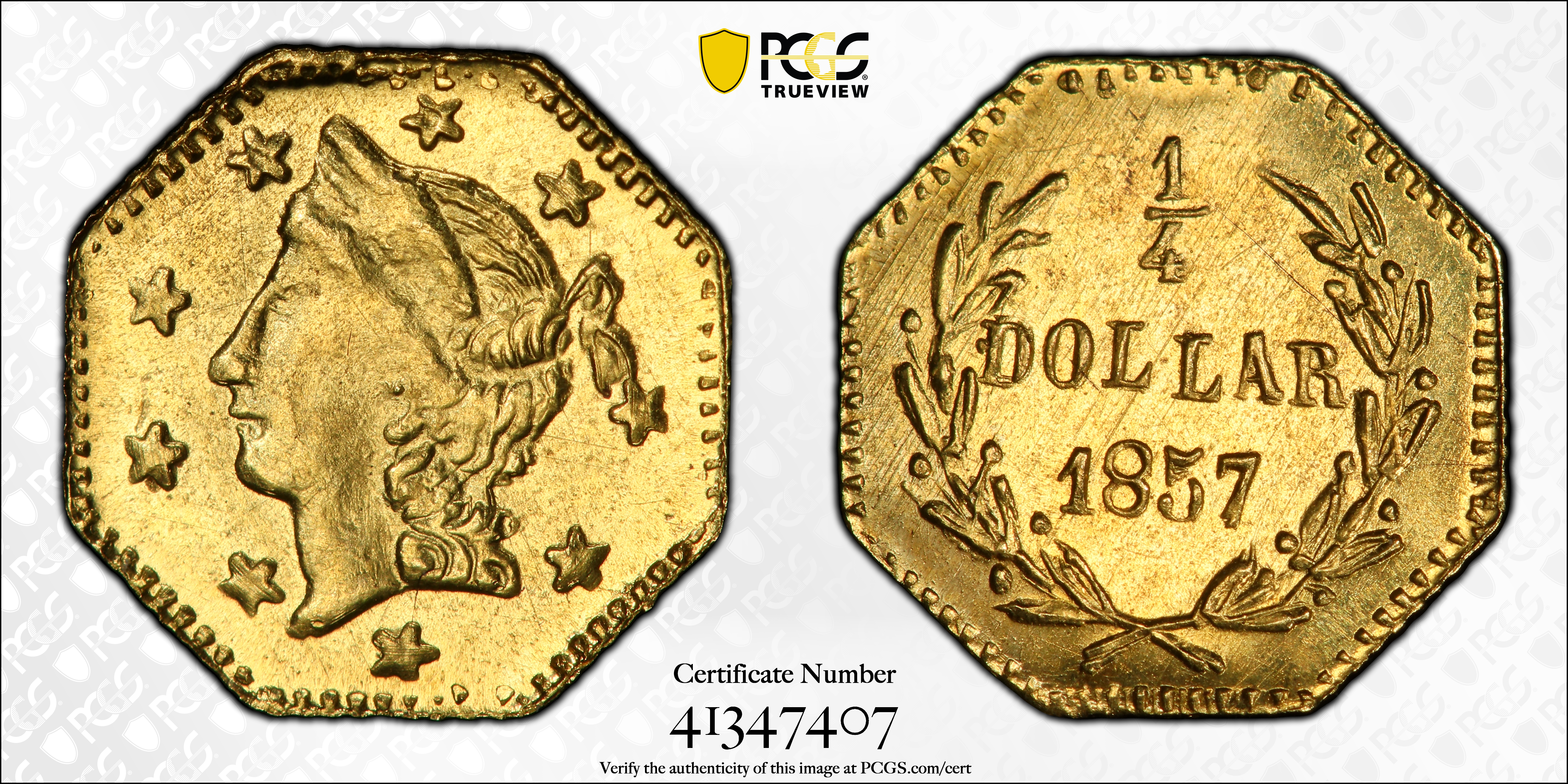 image for: 1857 Octagonal 25 Cents. Restrike. BG-1301A. Rarity-1. Liberty Head. MS-66+ (PCGS).