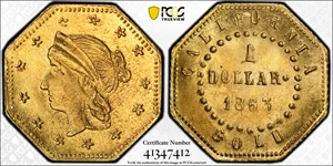 image for: 1863 Octagonal $1. Restrike. BG-1307A. Rarity-1. Liberty Head. MS-64 (PCGS).
