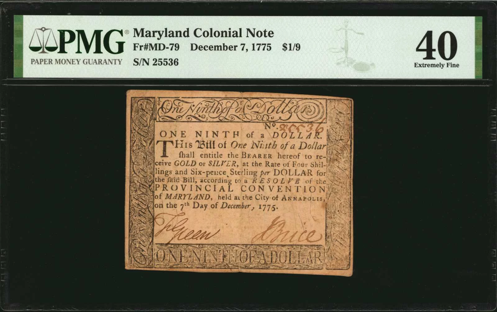 1775 1/9 of a Dollar Continental Currency December 7 th Annapolis