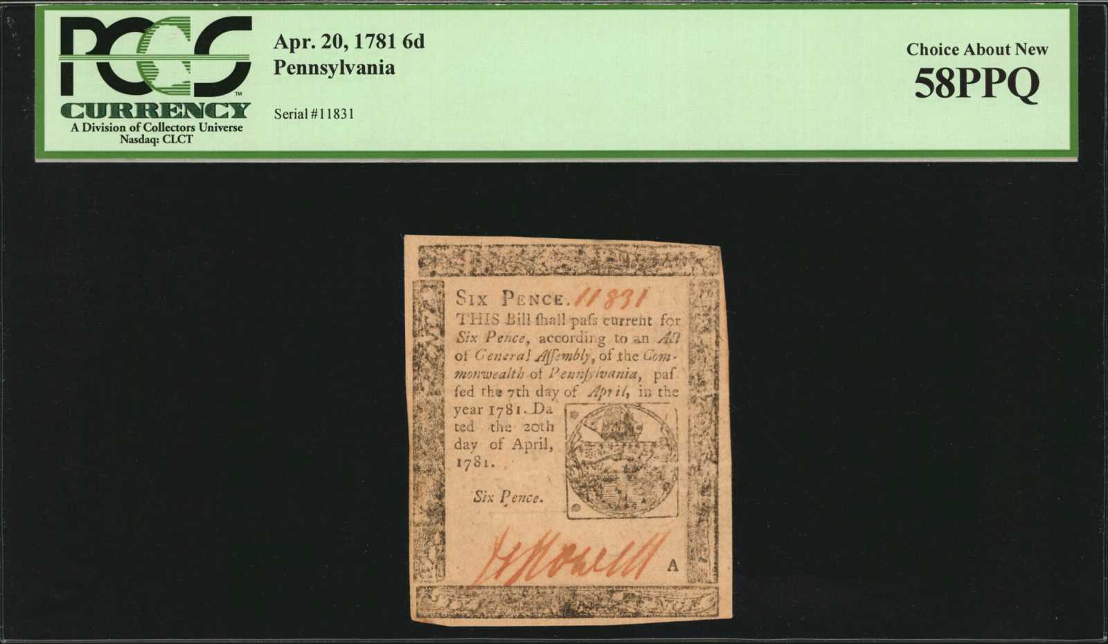 image for: PA-242. Pennsylvania. April 20, 1781. 6 Pence. PCGS Currency Choice About New 58.