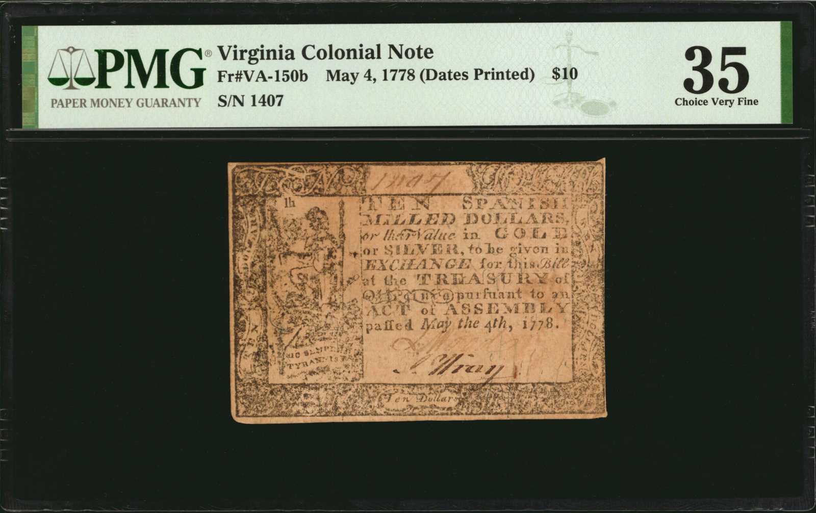 image for: VA-150b. Virginia. May 4, 1778. $10. PMG Choice Very Fine 35.