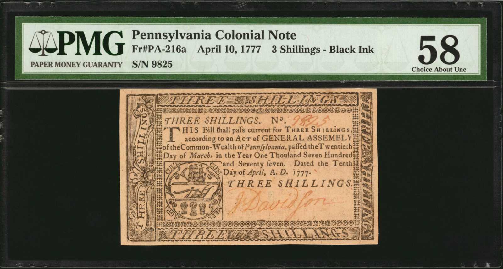 image for: PA-216a. Pennsylvania. April 10, 1777. 3 Shillings. PMG Choice About Uncirculated 58.