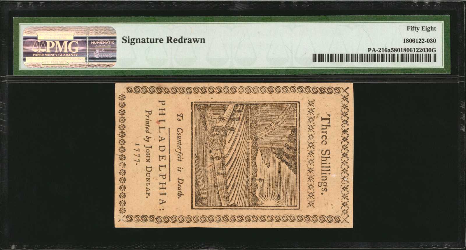 image for: PA-216a. Pennsylvania. April 10, 1777. 3 Shillings. PMG Choice About Uncirculated 58.