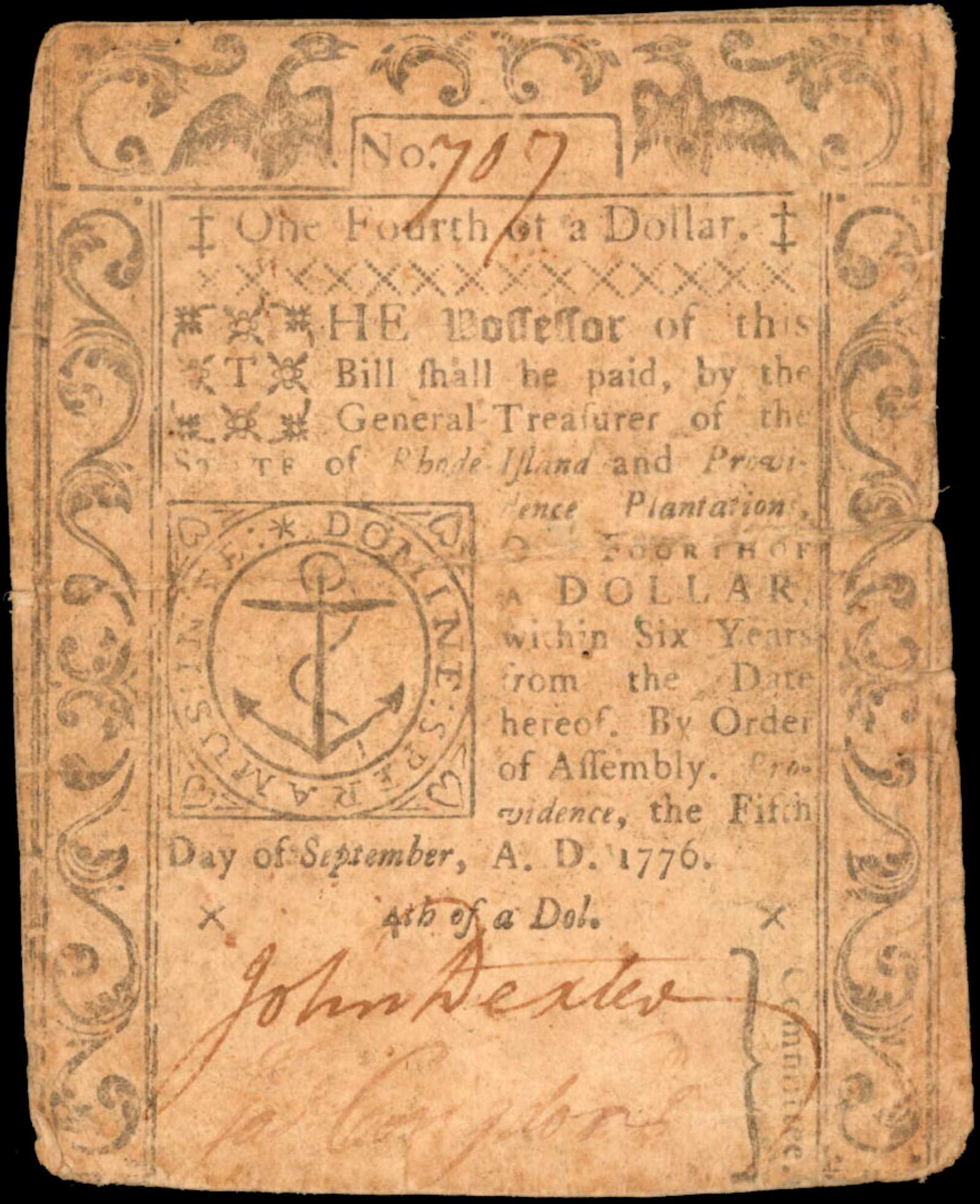 image for: RI-243. Rhode Island. 1776. 1/4 Dollar. Fine.